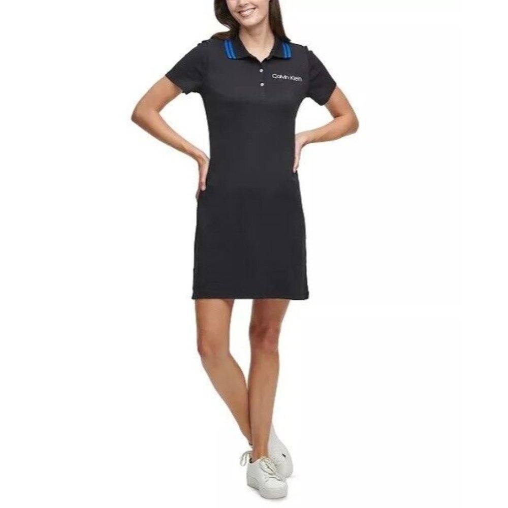 CALVIN KLEIN Cotton Striped-Collar Shirtdress Black Size L